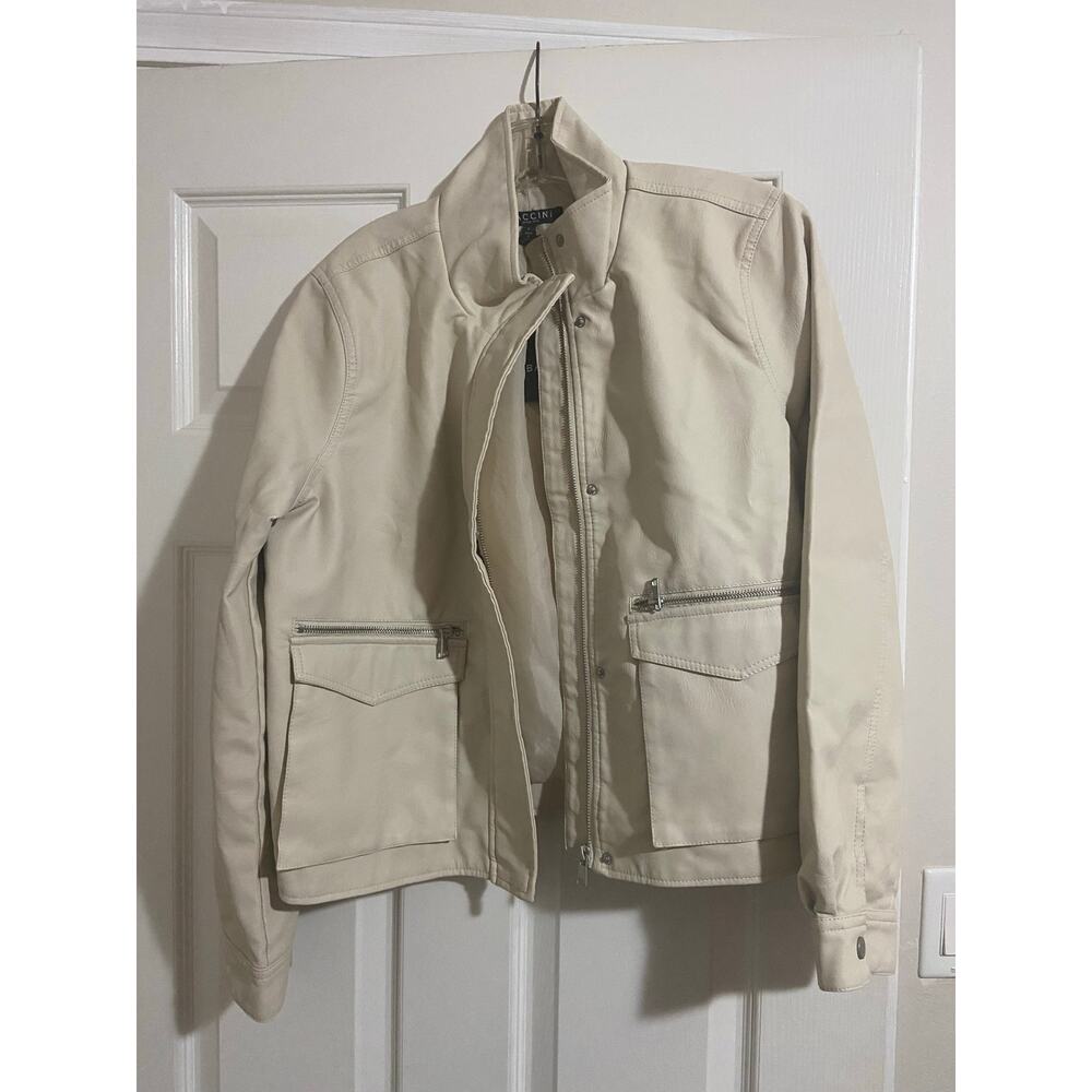 Baccini Cream Faux Leather Jacket with Zip and Flap Pockets, Sz L -- NWT
